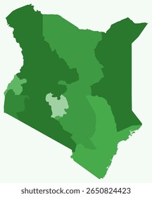 Map of Kenya with regions. Just a simple country border map with region division. Green color palette. Blank Republic of Kenya shape with administrative division. Vector illustration.
