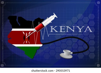 Map of Kenya with Stethoscope and syringe.