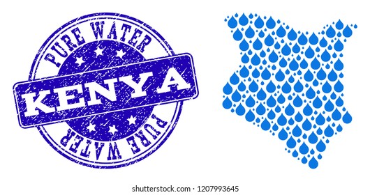 Map of Kenya vector mosaic and Pure Water grunge stamp. Map of Kenya created with blue aqua dews. Seal with retro rubber texture for clear drinking water.