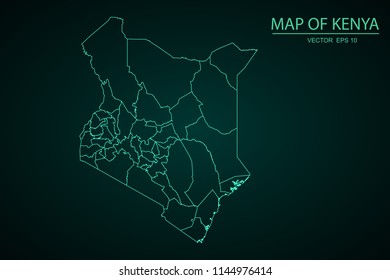 Map of Kenya,Green map on dark background of map of Kenya symbol for your web site design map. Vector illustration eps 10.