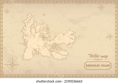 Map of Kerguelen Islands in the old style, brown graphics in retro fantasy style