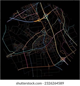 Map of Kerpen, North Rhine-Westphalia with all major and minor roads, railways and waterways. Colorful line art on black background.