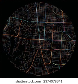 Map of Kettering, Ohio with all major and minor roads, railways and waterways. Colorful line art on black background.