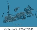 Map of Key West, Florida. The map is rendered in a minimalist style, with a blue background and white lines delineating streets, buildings, and geographical features.