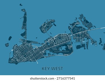 Mapa de Key West, Flórida. O mapa é apresentado em um estilo minimalista, com um fundo azul e linhas brancas delineando ruas, edifícios e características geográficas.