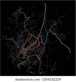 Mapa de Khankendi con todas las carreteras principales y menores, ferrocarriles y vías fluviales. Coloridas líneas de arte sobre fondo negro.