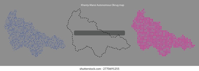 A map of Khanty-Mansi Autonomous Okrug with blue dots and purple squares on a gray background, featuring a dotted outline and a gray bar