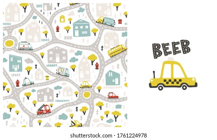 Mapa de la ciudad infantil con carreteras y transporte. Patrón y ilustración de vectores sin fisuras con taxi en el conjunto. Caricatura de estilo escandinavo dibujada a mano infantil. Ideal para la ropa de bebé. Beeb