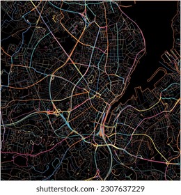 Map of Kiel, Schleswig-Holstein with all major and minor roads, railways and waterways. Colorful line art on black background. svg