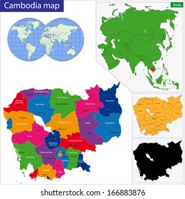 Mapa del Reino de Camboya con las provincias coloreadas con colores vivos