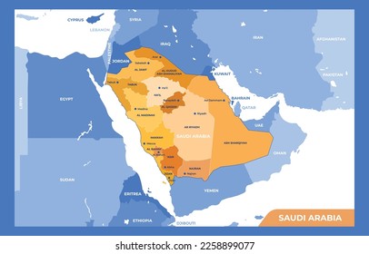Map of the Kingdom of Saudi Arabia drawn with high detail and accuracy. Kingdom of Saudi Arabia geographical Map with provinces and cities vector. Saudi Arabia political map.