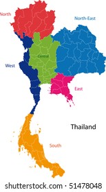 Map of Kingdom of Thailand with the provinces colored in bright colors