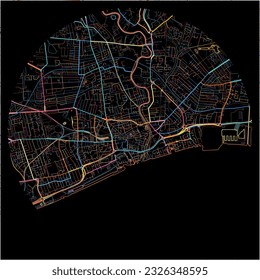 Karte von KingstonuponHull, Yorkshire und Humber mit allen wichtigen und kleineren Straßen, Eisenbahnen und Wasserstraßen. Farbige Linienkunst auf schwarzem Hintergrund.