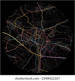 Map of KirchheimunterTeck, Baden-Wuerttemberg with all major and minor roads, railways and waterways. Colorful line art on black background.