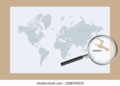 Map of Kiribati with Christmas Island on political world map with magnifying glass