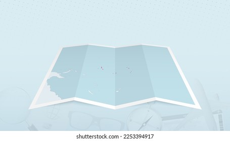 Map of Kiribati with the flag of Kiribati in the contour of the map on a trip abstract backdrop. Travel illustration.