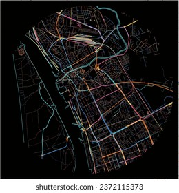 Map of Klaipeda, Klaipėda County with all major and minor roads, railways and waterways. Colorful line art on black background.