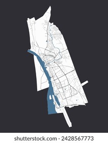 Map of Klaipeda, Lithuania. Detailed city vector map, metropolitan area with border. Streetmap with roads and water.