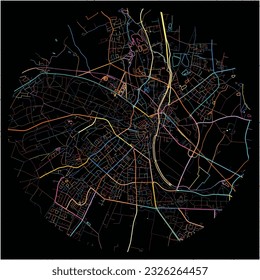 Map of Kleve, North Rhine-Westphalia with all major and minor roads, railways and waterways. Colorful line art on black background.