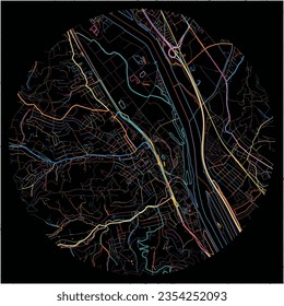 Karte von Klosterneuburg, Niederösterreich mit allen wichtigen und kleineren Straßen, Eisenbahnen und Wasserstraßen. Farbige Linienkunst auf schwarzem Hintergrund.