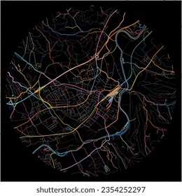 Mapa de Knittelfeld, Estiria con todas las carreteras principales y menores, ferrocarriles y vías fluviales. Coloridas líneas de arte sobre fondo negro.