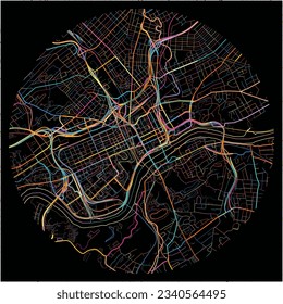 Karte von Knoxville, Tennessee mit allen wichtigen und kleineren Straßen, Eisenbahnen und Wasserstraßen. Farbige Linienkunst auf schwarzem Hintergrund.