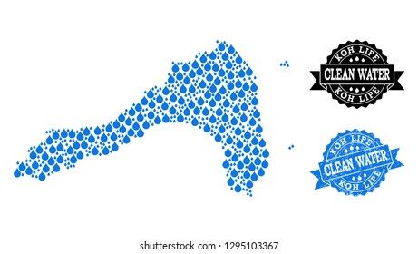 Map of Koh Lipe vector mosaic and clean water grunge stamp. Map of Koh Lipe composed with blue water tears. Seal with grunge rubber texture for clean drinking water.