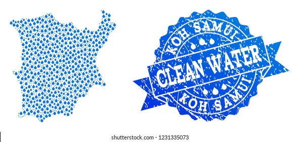 Map of Koh Samui vector mosaic and clean water grunge stamp. Map of Koh Samui composed with blue water raindrops. Seal with retro rubber texture for clear drinking water.
