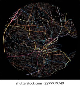 Map of Kolding with all major and minor roads, railways and waterways. Colorful line art on black background.