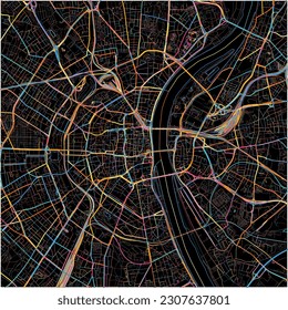 Map of Koln, North Rhine-Westphalia with all major and minor roads, railways and waterways. Colorful line art on black background.