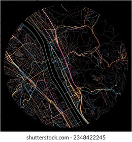 Map of Konigswinter, North Rhine-Westphalia with all major and minor roads, railways and waterways. Colorful line art on black background.