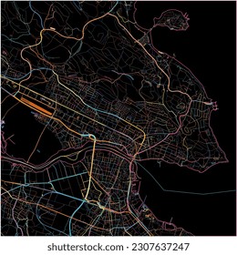 Map of Konstanz, Baden-Wuerttemberg with all major and minor roads, railways and waterways. Colorful line art on black background.