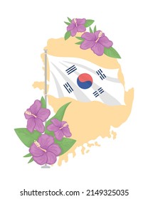 Map of Korea and hibiscus flowers 2D vector isolated illustration. National Liberation day celebration flat objects on cartoon background. Patriotic colourful scene for mobile, website, presentation