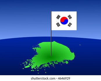map of Korea and Korean flag on pole illustration