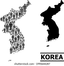 Map of Korea for national agitation. Vector population collage. Collage map of Korea constructed of person icons. Demographic scheme in dark grey color shades.