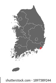 Mapa de Corea de la república con una provincia roja y detallada, Corea del Sur aislada en el fondo blanco.