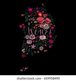 Map of Korea. Traditional folk fashionable stylish floral embroidery stitch on a black background. Sketch for printing on clothing, fabric, accessories and design. Trend vector