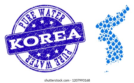 Map of Korea vector mosaic and Pure Water grunge stamp. Map of Korea designed with blue aqua dews. Seal with unclean rubber texture for pure drinking water.
