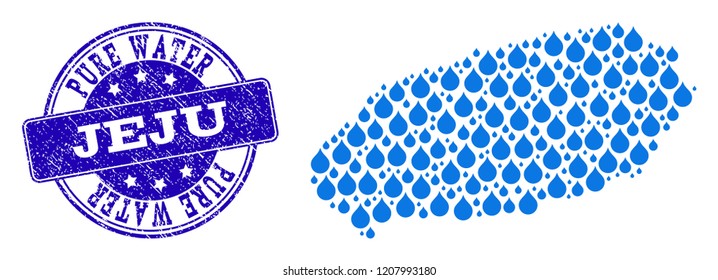 Map of Korean Jeju Island vector mosaic and Pure Water grunge stamp. Map of Korean Jeju Island composed with blue water drops. Seal with grunge rubber texture for pure drinking water.