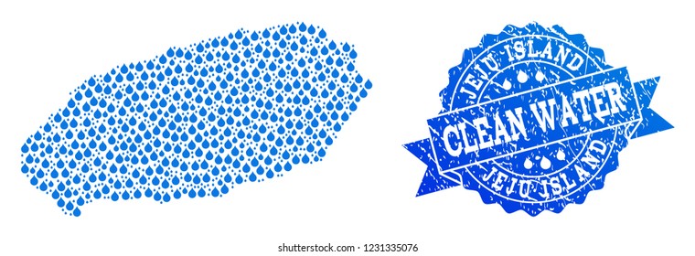 Map of Korean Jeju Island vector mosaic and clean water grunge stamp. Map of Korean Jeju Island created with blue water tears. Seal with corroded rubber texture for clean drinking water.