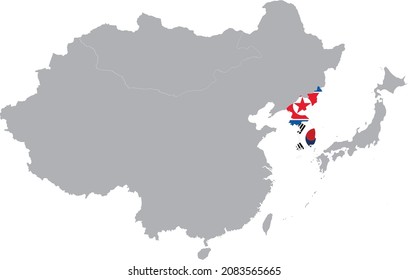 Map of Korean peninsula countries with national flag inside the gray map of East region of Asia