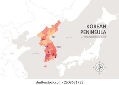 A map of the Korean Peninsula divided by various red tones on the background of a map of Northeast Asia