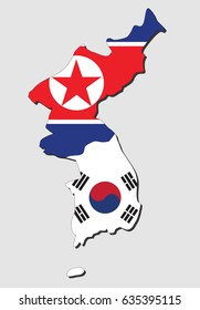 Map of the Korean Peninsula, Filled with the South and the North Korea Flag 