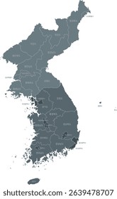 Map of the Korean Peninsula with two colors and Korean place names