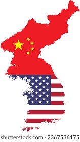 Map of the Korean Peninsula with US and China Flag Background