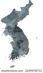 Map of the Korean Peninsula with various colors and Korean place names