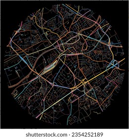 Map of Kortrijk, West Flanders with all major and minor roads, railways and waterways. Colorful line art on black background.