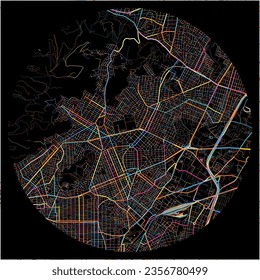 Mapa de Korydallos, Ática con todas las carreteras principales y menores, ferrocarriles y vías navegables. Coloridas líneas de arte sobre fondo negro.