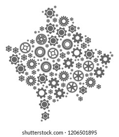 Map of Kosovo formed with gray wheel symbols. Vector abstract mosaic of map of Kosovo with mechanics symbols. Engineering flat design for factory illustrations.