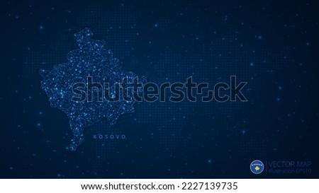 Map of Kosovo modern design with polygonal shapes on dark blue background. Business wireframe mesh spheres from flying debris. Blue structure style vector illustration concept.